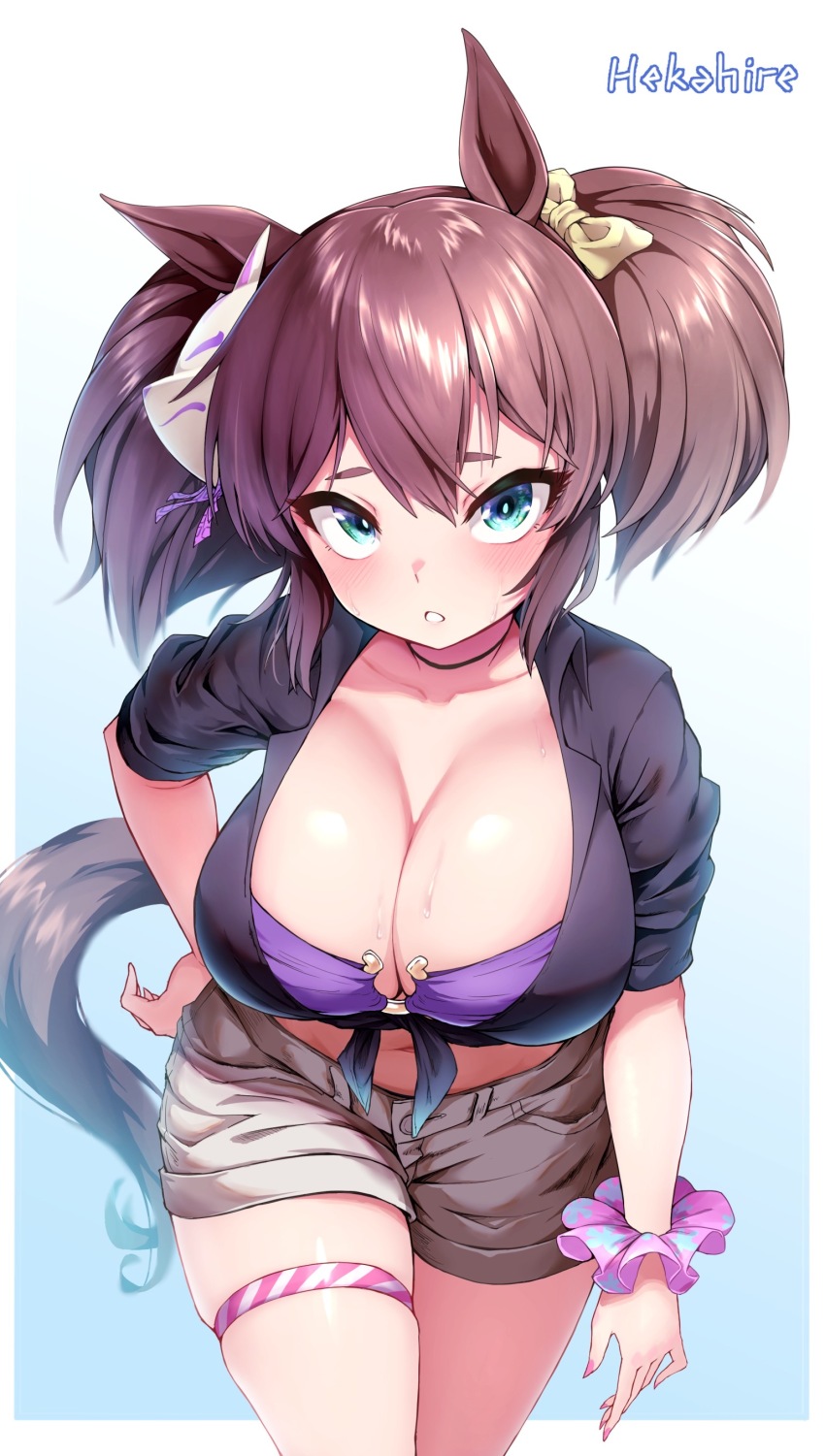 1girl absurdres alternate_costume animal_ears artist_name bdsm bikini bikini_under_clothes black_choker black_shirt blue_eyes blush bondage bound breasts brown_hair brown_shorts choker cleavage commentary_request fox_mask hand_on_own_hip hekahire_isurus highres horse_ears horse_girl horse_tail inari_one_(umamusume) large_breasts leaning_forward long_hair looking_at_viewer mask mask_on_head open_clothes open_shirt parted_lips purple_bikini scrunchie shirt shorts solo sweat swimsuit tail thigh_strap twintails umamusume wrist_scrunchie