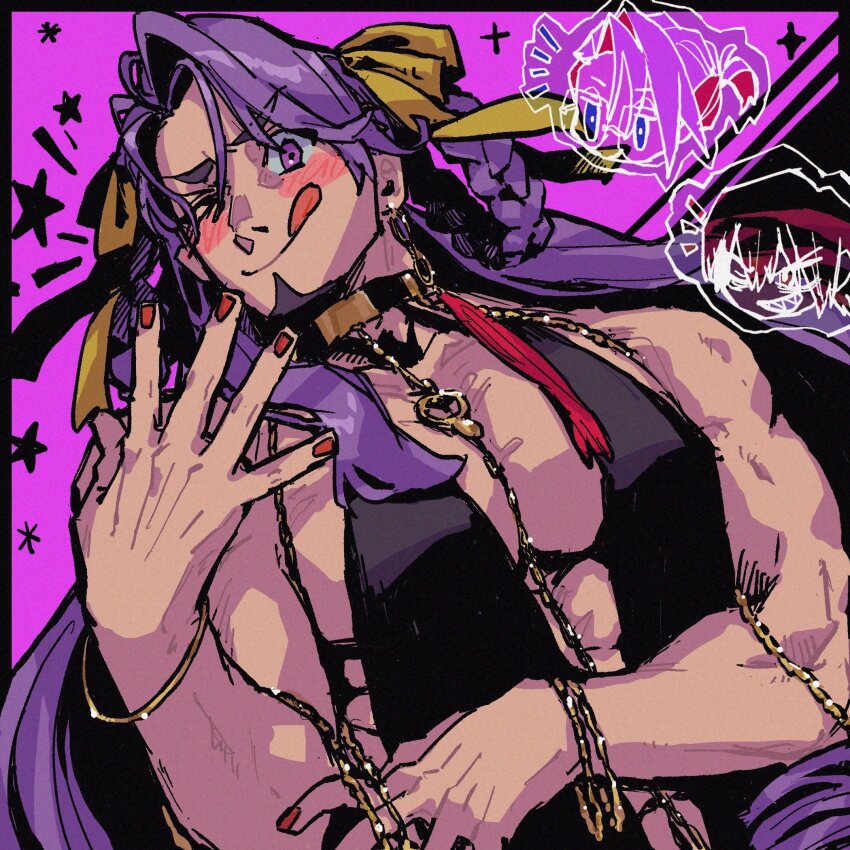 &gt;:) 3boys :q amemasu79 ashwatthama_(fate) bara bb_(fate) bb_dubai_(fate) bb_dubai_(fate)_(cosplay) between_pectorals black_dress blush braid braided_hair_rings chain chibi chibi_inset cosplay crossdressing dress duryodhana_(fate) earrings fabulous facial_hair fate/grand_order fate_(series) goatee goatee_stubble hair_ribbon hair_rings hand_up highres imitating jewelry karna_(fate) karna_(summer_outfit)_(fate) large_pectorals long_hair looking_at_viewer male_focus mature_male multiple_boys muscular muscular_male official_alternate_costume parody pectorals purple_eyes purple_hair purple_theme red_nails ribbon solo_focus stubble thick_eyebrows tongue tongue_out upper_body v-shaped_eyebrows yellow_ribbon