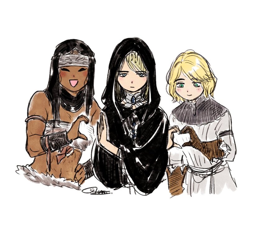 3girls abs bare_shoulders black_cloak blonde_hair blush blush_stickers brown_gloves cloak closed_eyes closed_mouth commentary cropped_torso dark-skinned_female dark_skin dress elden_ring fia_the_deathbed_companion gloves green_eyes grey_dress hand_on_own_hip haruichi_(haruichithm) heart heart_hands heart_hands_failure heart_hands_trio hood hood_up hooded_cloak long_hair long_sleeves multiple_girls muscular muscular_female nepheli_loux roderika_(elden_ring) short_hair signature simple_background smile veil white_background wide_sleeves