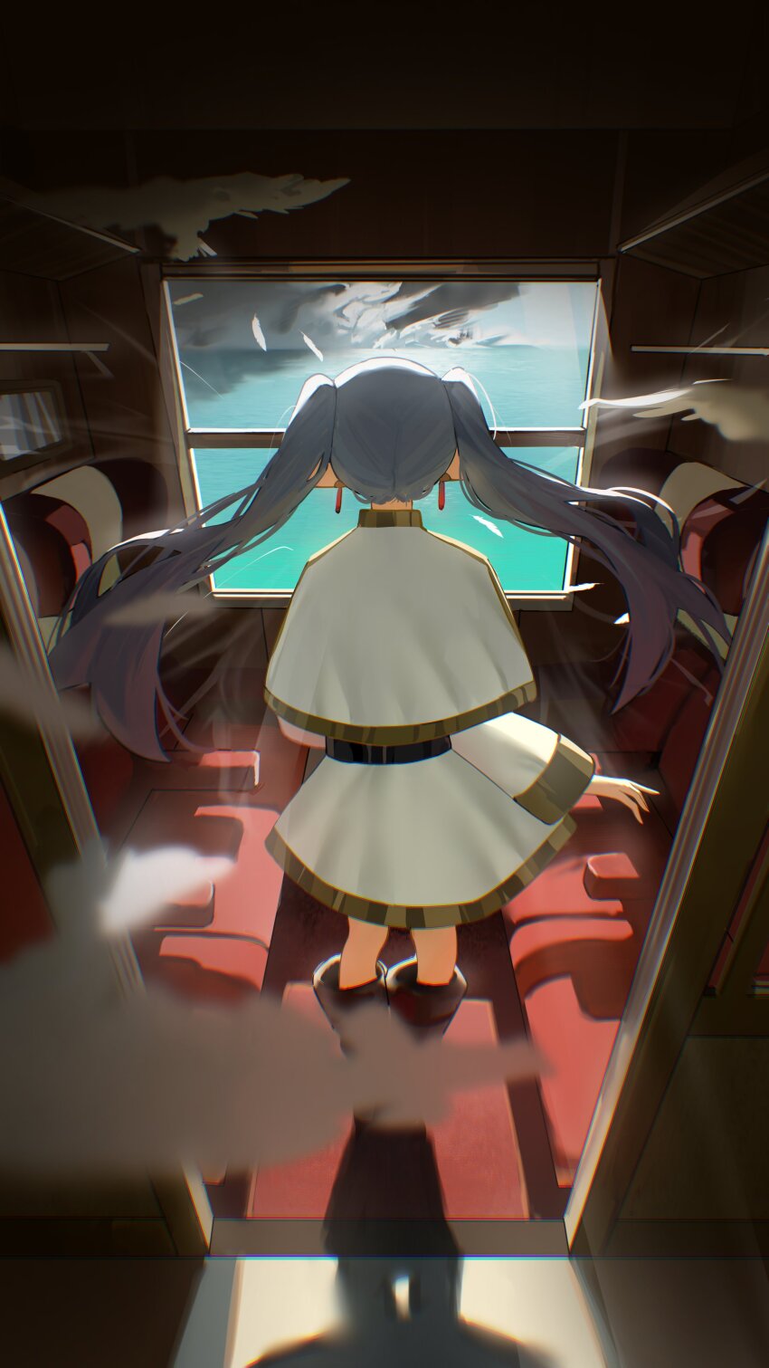 absurdres boots capelet day earrings elf facing_away floating_earrings fog frieren from_above from_behind hashtag-only_commentary highres indoors jewelry long_hair magic ocean parted_bangs pointy_ears sousou_no_frieren sunlight takoyoomi teardrop_earrings teleportation train train_interior twintails white_capelet white_hair window