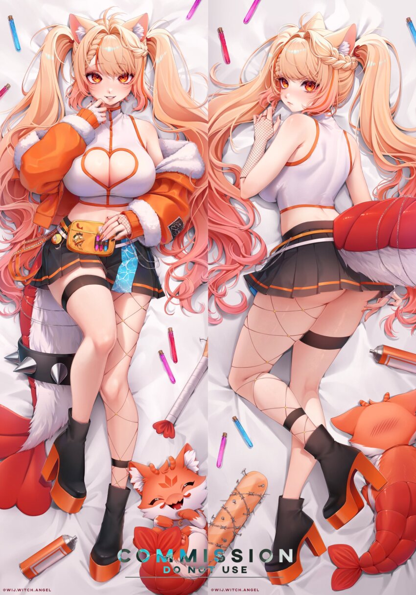 1girl animal_ears antenna_hair ass blonde_hair breasts bridal_gauntlets cat_ears cleavage cleavage_cutout clothing_cutout commission dakimakura_(medium) ebiko_(vtuber) fanny_pack fishnet_gloves fishnets fur-trimmed_jacket fur_trim gloves heart_cutout highres indie_virtual_youtuber jacket large_breasts long_hair looking_at_viewer lying midriff multicolored_nails multiple_views on_back on_stomach open_clothes open_jacket orange_eyes orange_jacket pleated_skirt shirt shrimp_tail single_bridal_gauntlet single_fishnet_armwear single_fishnet_legwear single_leg_pantyhose skirt test_tube turtleneck turtleneck_shirt twintails virtual_youtuber wijwitchangel