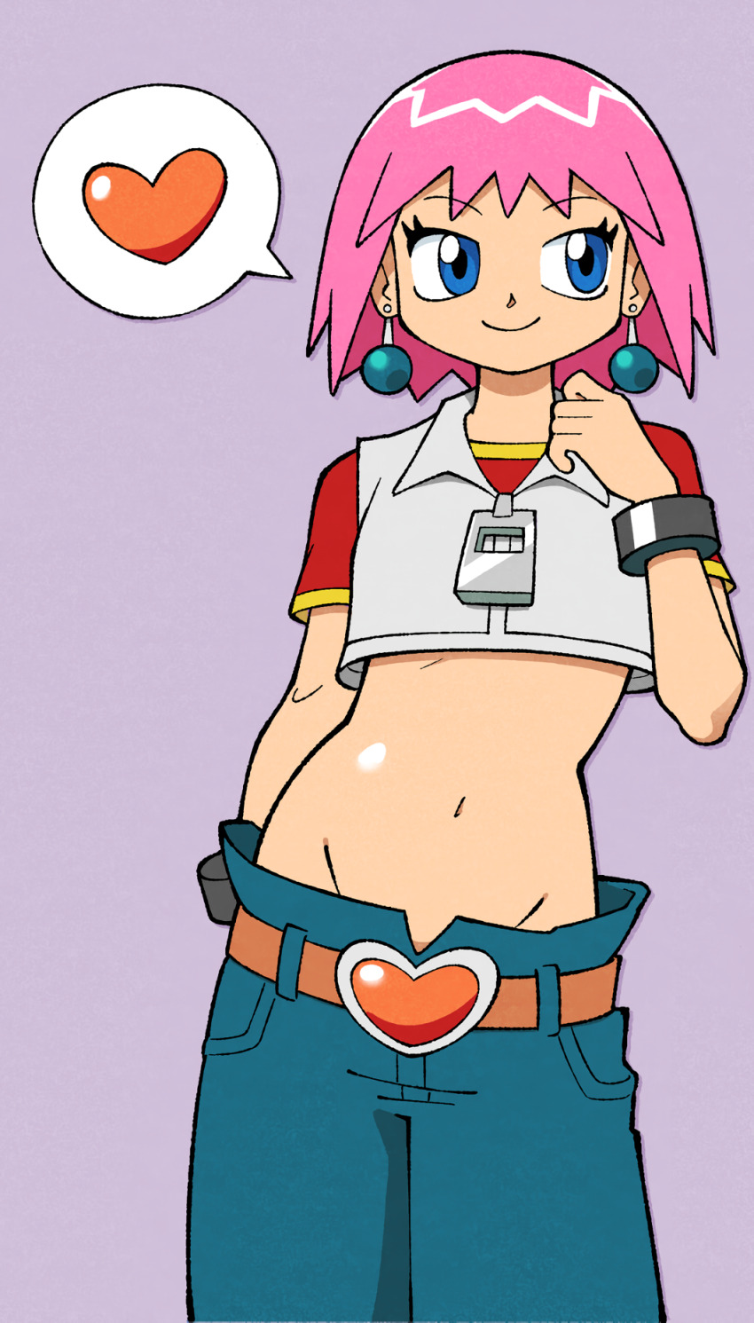 1girl beauty_(bobobo-bo_bo-bobo) blue_eyes bobobo-bo_bo-bobo breasts heart highres legs midriff navel pants pink_hair shenanimation short_hair small_breasts smile solo spoken_heart thighs
