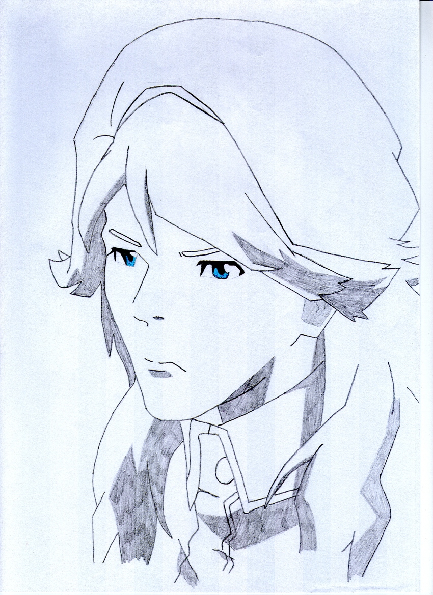 00s 1girl blue_eyes female_focus highres hunter monochrome scan self-upload solo spot_color traditional_media un1q witch witch_hunter_robin yurika_doujima