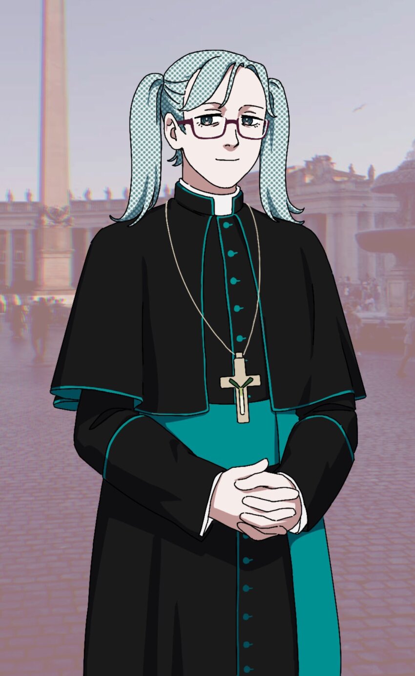 1girl aqua_sash aqua_trim black_capelet black_robe blue_eyes blue_hair capelet cassock clerical_collar commentary cowboy_shot cross cross_necklace english_commentary glasses halftone hatsune_miku highres interlocked_fingers jewelry latin_cross looking_to_the_side mendely necklace own_hands_together photo_background priest red-framed_eyewear robe sash shirt short_hair short_twintails smile solo spring_onion twintails vatican vocaloid white_shirt worldwide_miku