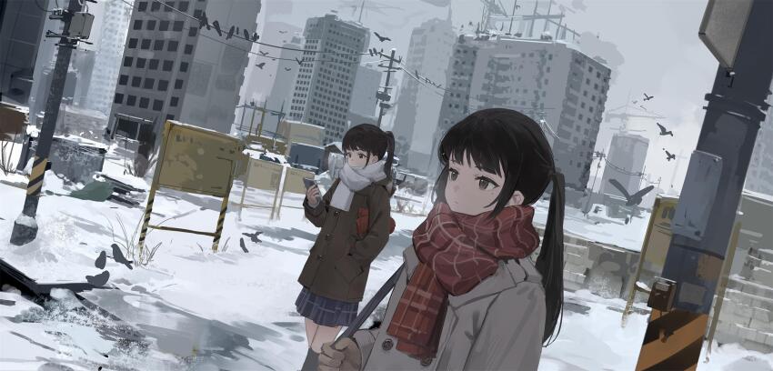 2girls bag bird black_eyes black_hair brick_wall brown_coat brown_eyes brown_gloves building city cityscape coat commentary_request construction crane_(machine) dutch_angle expressionless flying gloves grey_sky greyscale hand_in_pocket handbag highres holding holding_phone long_hair looking_at_phone meinoss mole mole_under_eye monochrome multiple_girls original outdoors phone plaid_clothes plaid_skirt ponytail power_lines red_scarf scarf scenery sidelocks sign skirt sky snow standing utility_pole white_scarf winter winter_clothes winter_coat