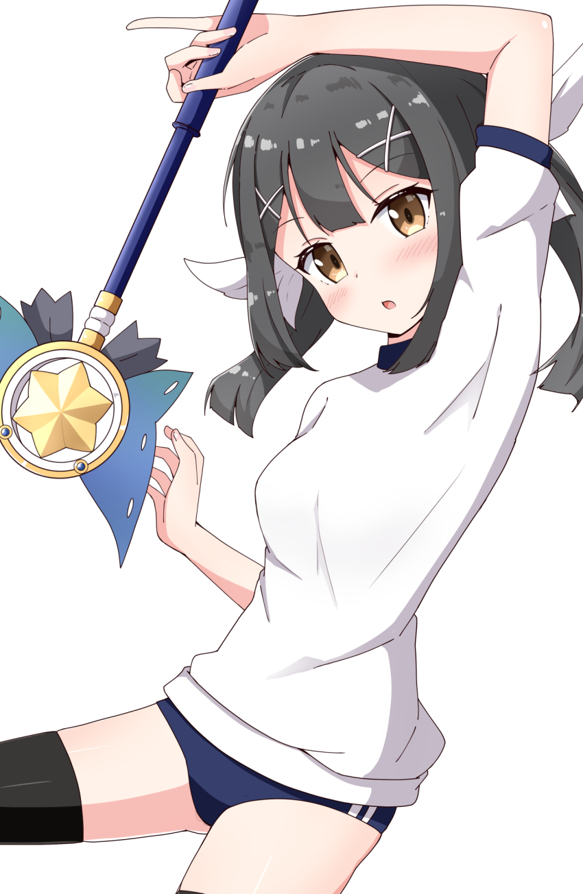 1girl aikawa_ryou armpits black_hair blue_buruma breasts brown_eyes buruma fate/kaleid_liner_prisma_illya fate_(series) feather_hair_ornament feathers gym_shirt gym_uniform hair_ornament hairclip highres kaleidostick long_hair magical_sapphire miyu_edelfelt miyu_edelfelt_(magical_girl) shirt short_sleeves sidelocks small_breasts solo twintails white_shirt