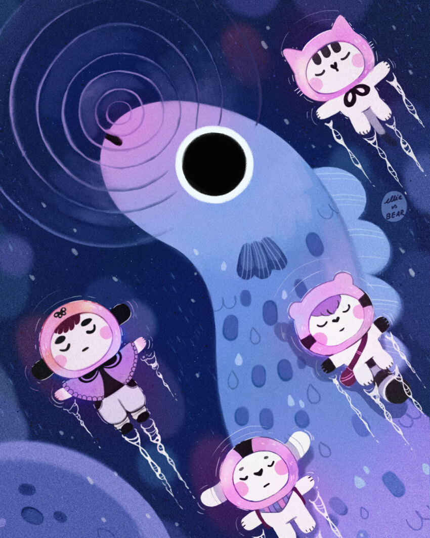 animal artist_name blue_background boots bow capelet closed_eyes commentary creature drifting ellievsbear english_commentary floating_on_back full_body highres hood night original oversized_animal signature water