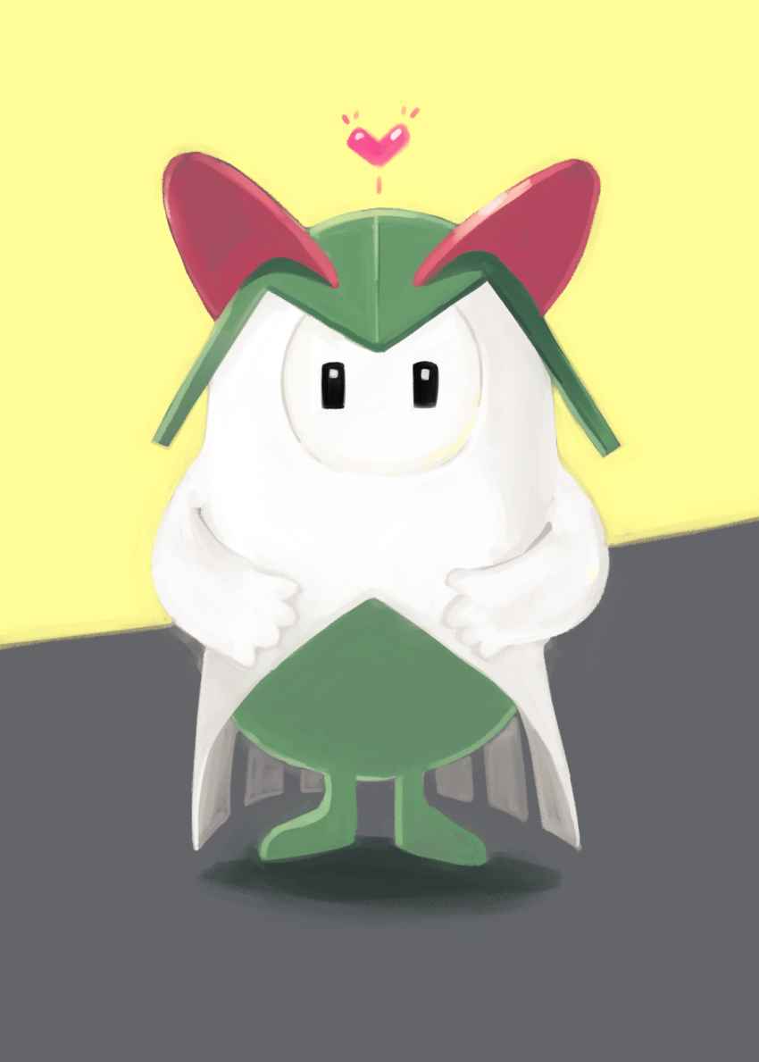 black_eyes colored_skin cosplay fall_guy fall_guys gen_3_pokemon green_hair heart highres horns ino_(tellu0120) kirlia kirlia_(cosplay) looking_at_viewer multicolored_skin nintendo no_mouth pokemon sidelocks simple_background two-tone_background two-tone_skin white_skin