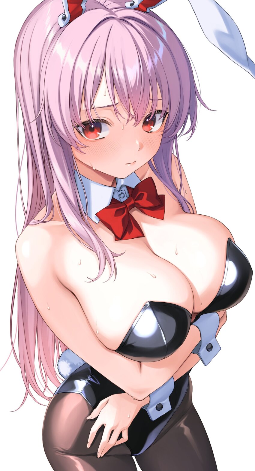 1girl absurdres animal_ears arms_under_breasts black_leotard black_pantyhose bow bowtie breasts cleavage closed_mouth cowboy_shot detached_collar highres large_breasts leotard long_hair looking_at_viewer nameko_houshi pantyhose pink_hair playboy_bunny rabbit_ears rabbit_girl rabbit_tail red_bow red_bowtie red_eyes reisen_udongein_inaba simple_background solo strapless strapless_leotard tail touhou very_long_hair white_background wrist_cuffs
