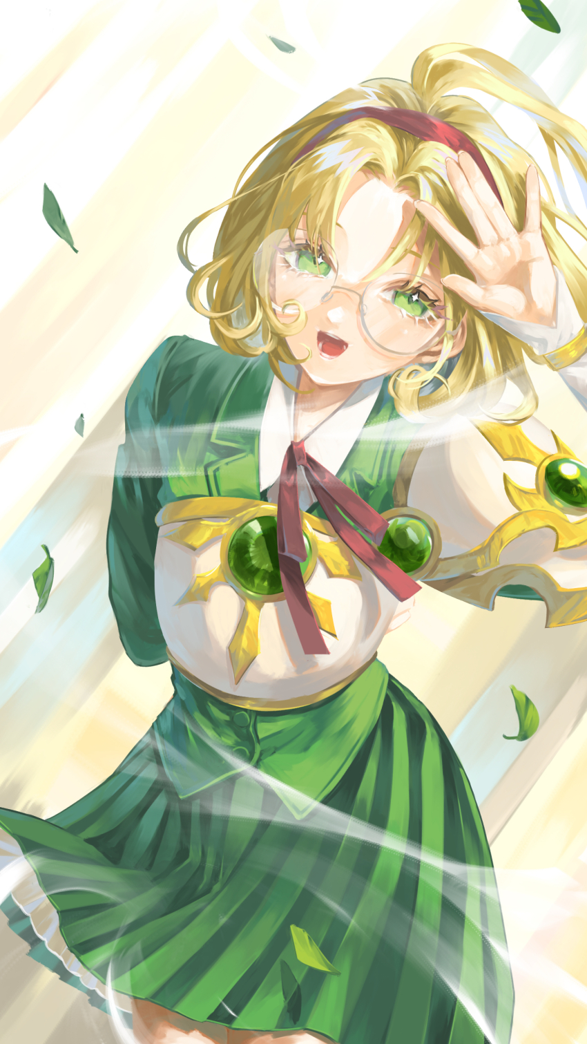 1girl 58_(scbaby) absurdres arm_up blonde_hair from_above glasses green_eyes green_skirt hairband highres hououji_fuu leaf looking_at_viewer magic_knight_rayearth open_mouth pleated_skirt ponytail red_hairband shirt skirt solo white_shirt wind