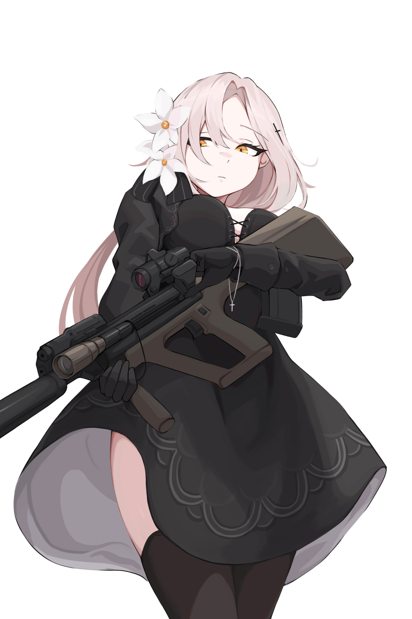 1girl absurdres assault_rifle aug_(girls&#039;_frontline) black_dress black_eyeliner black_gloves breasts bullpup center_cross_lace closed_mouth copycat001 cross cross_hair_ornament cross_necklace dress expressionless eyelashes eyeliner flashlight flower girls&#039;_frontline gloves gun hair_between_eyes hair_flower hair_ornament highres holding holding_gun holding_weapon jewelry large_breasts long_hair makeup necklace ponytail rifle scope solo steyr_aug suppressor thighhighs thighs vertical_foregrip weapon white_hair yellow_eyes