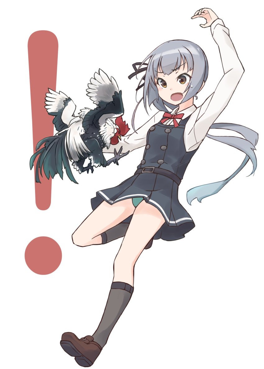 ! 1girl bird black_socks brown_eyes chicken commentary_request dress green_panties grey_hair highres kantai_collection kasumi_(kancolle) kasumi_kai_ni_(kancolle) kneehighs long_hair long_sleeves minosu panties pantyshot pinafore_dress red_ribbon ribbon rooster shirt side_ponytail simple_background sleeveless sleeveless_dress socks underwear white_background white_shirt