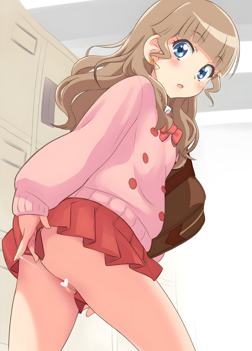 1girl ass bag blue_eyes blunt_bangs blush bow bowtie brown_hair cardigan censored cleft_of_venus commentary_request decensored earrings embarrassed fingering flat_chest heart heart_censor highres huge_filesize indoors jewelry kikurage_(crayon_arts) locker loli long_hair long_sleeves looking_at_viewer mewkledreamy neck_ribbon no_panties open_mouth pink_cardigan pleated_skirt pussy pussy_juice pussy_juice_trail red_bow red_bowtie red_ribbon red_skirt ribbon school_uniform sidelocks skirt solo standing thighs third-party_edit tsukishima_maira upskirt wavy_hair