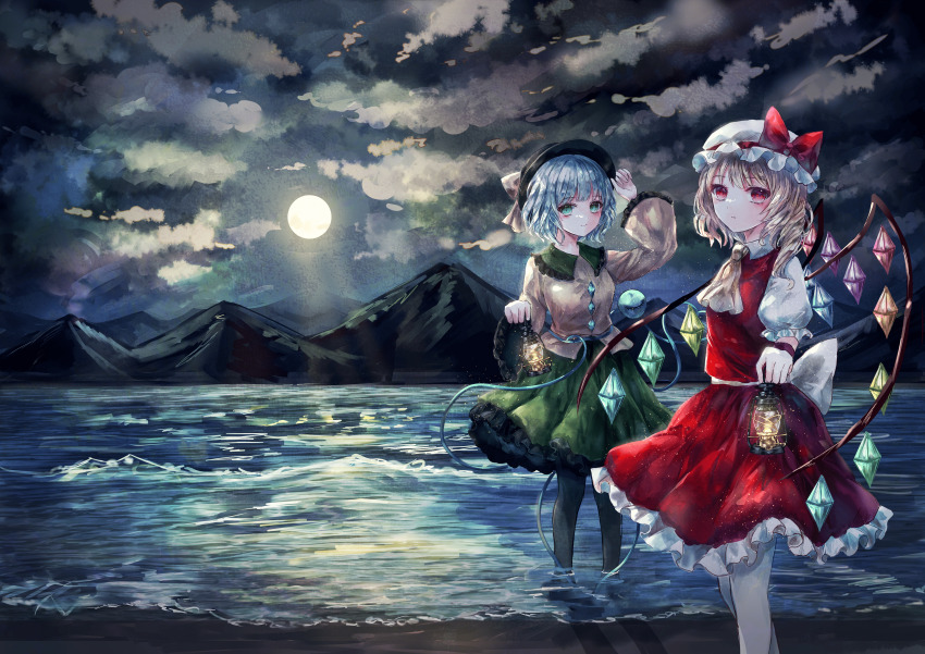 2girls absurdres aqua_hair ascot back_bow bare_legs black_hat black_pantyhose blonde_hair blouse bow breasts buttons closed_mouth cloud cloudy_sky collared_shirt commentary_request crystal crystal_wings diamond_button expressionless feet_out_of_frame flandre_scarlet frilled_shirt_collar frilled_skirt frilled_sleeves frills full_moon green_eyes green_skirt hand_on_headwear hand_up hat hat_bow highres holding holding_lantern komeiji_koishi lake lantern light_particles light_smile long_sleeves looking_at_viewer mob_cap moon mountain multiple_girls night night_sky outdoors pantyhose puffy_short_sleeves puffy_sleeves red_bow red_eyes red_skirt red_vest shirt short_hair short_sleeves skirt skirt_set sky standing suzushina third_eye touhou vest wading water white_bow white_hat wide_sleeves wings yellow_ascot yellow_bow yellow_shirt