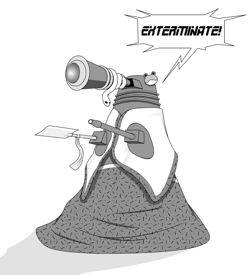 1girl dalek doctor_who female_focus gohei greyscale hair_ornament highres kochiya_sanae mechanization monochrome octopusgod oonusa parody simple_background solo speech_bubble touhou trait_connection