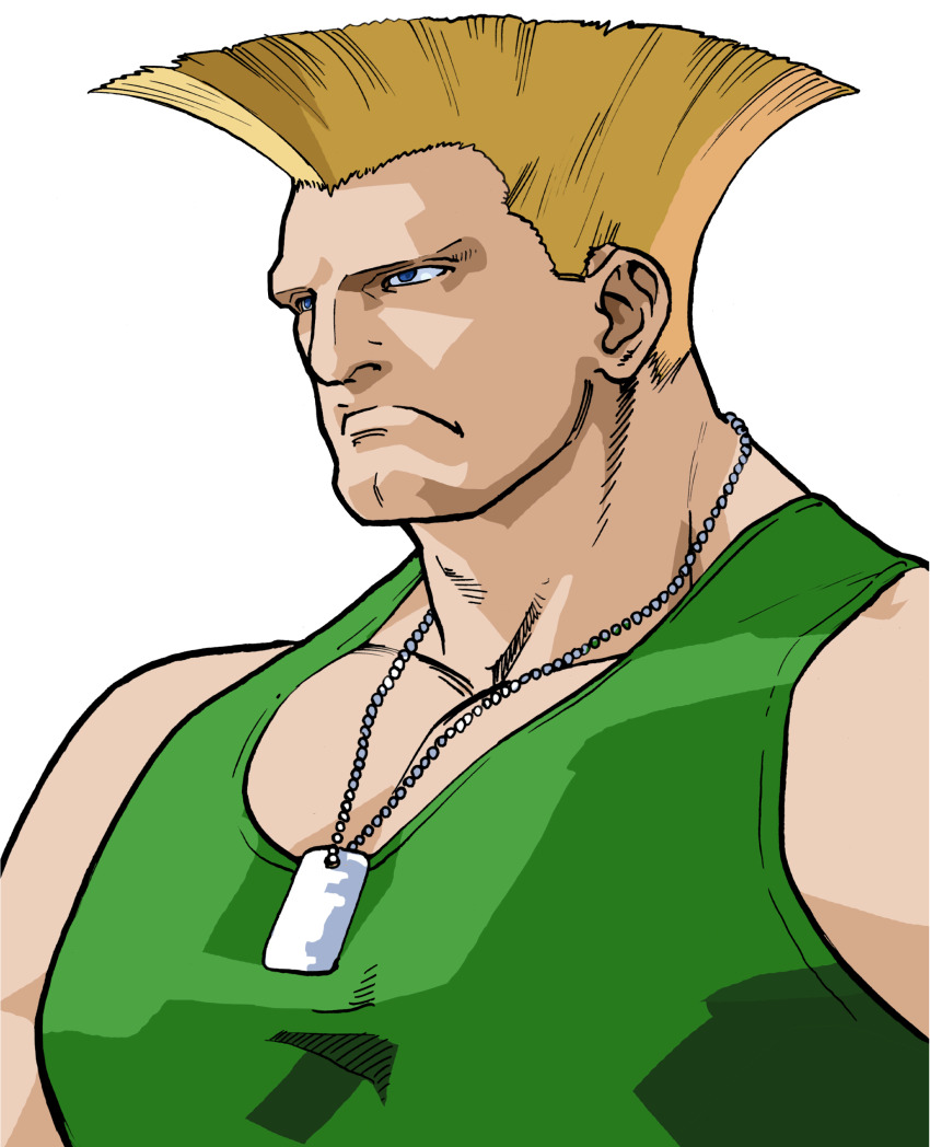 1boy absurdres bengus blonde_hair blue_eyes dog_tags flattop frown game_cg green_tank_top guile highres male_focus muscular muscular_male non-web_source official_art simple_background solo street_fighter street_fighter_zero_(series) tank_top white_background