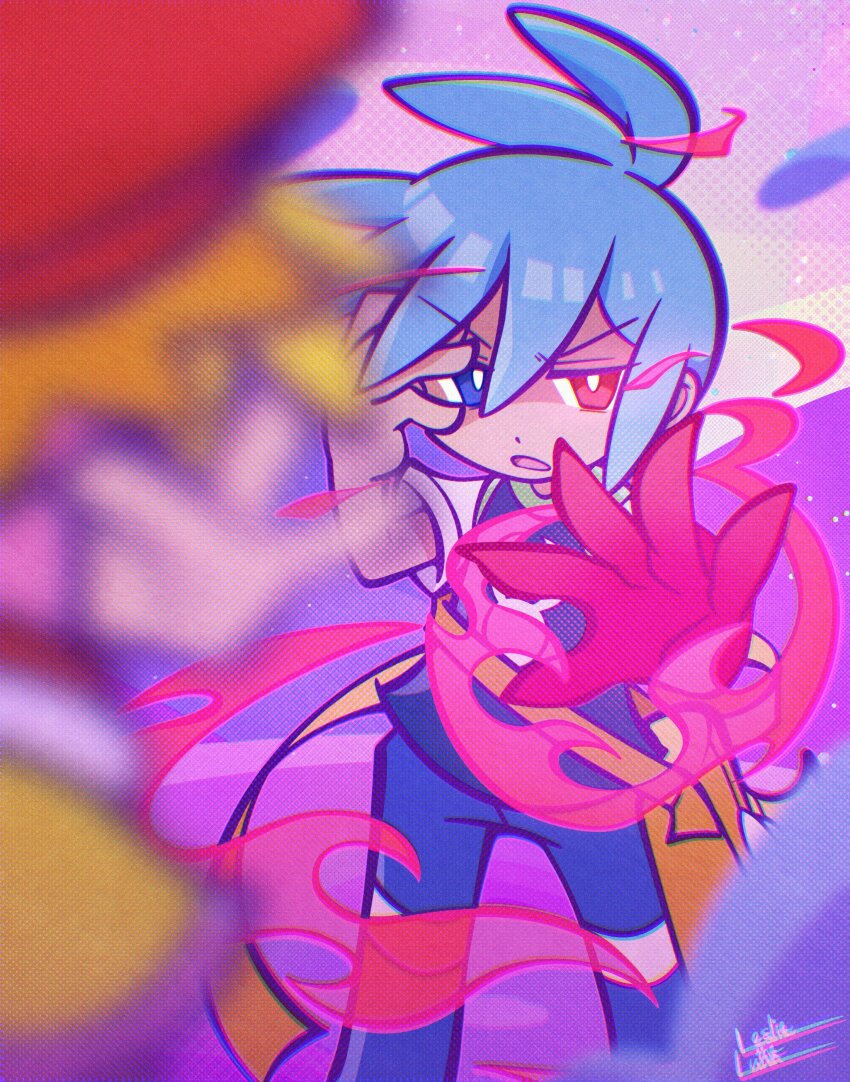 1boy 1girl absurdres amitie_(puyopuyo) antenna_hair black_shirt blue_hair blue_pants blurry bright_pupils brown_bag chromatic_aberration deformed depth_of_field facing_another from_behind halftone hand_on_own_face hand_up hands_up heterochromia highres leslietheluna looking_at_another magic male_focus multicolored_background open_mouth oversized_limbs pants purple_background puyopuyo puyopuyo_puzzle_pop reaching reaching_towards_another shirt short_hair sig_(puyopuyo) signature solo_focus spoilers standing v-shaped_eyebrows white_pupils white_sleeves wind