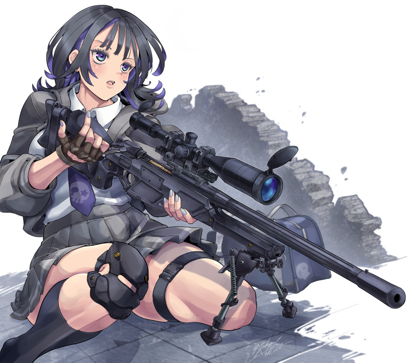 1girl ammunition bipod black_hair blaser_r93 bolt_action brown_gloves bullet fingerless_gloves gloves grey_jacket grey_skirt gun highres jacket little_armory military multicolored_hair necktie original purple_necktie reloading rifle rifle_cartridge school_uniform skirt sniper_rifle solo streaked_hair take_nii taking_cover thighs weapon
