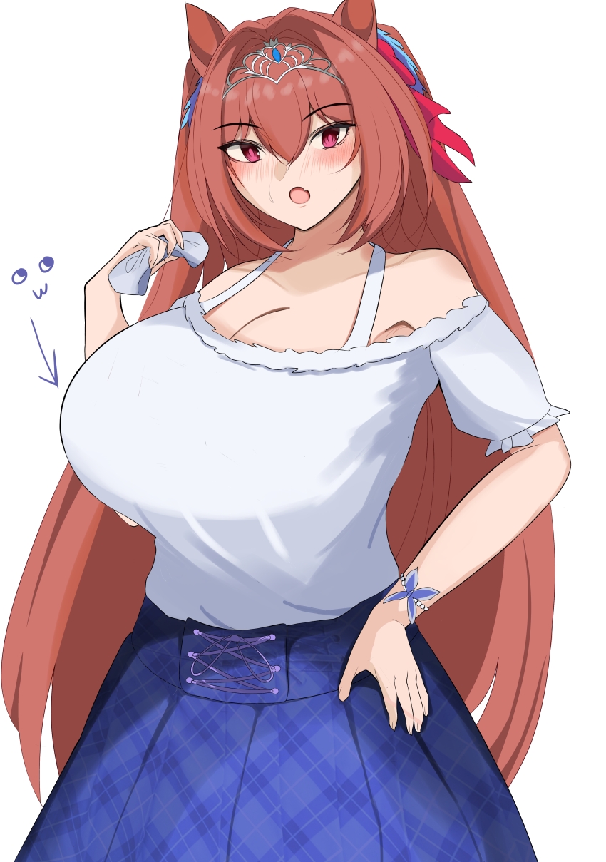 1girl absurdres animal_ears blush breasts brown_hair daiwa_scarlet_(umamusume) edelweiss17701 framed_breasts hair_ornament highres horse_ears horse_girl huge_breasts large_breasts long_hair looking_at_viewer open_mouth pixiv simple_background solo tiara twintails umamusume very_long_hair