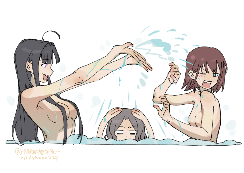 3girls ahoge awa_subaru bathing black_hair blue_eyes breasts brown_hair covered_erect_nipples covering_head ebizuka_tomo girls_band_cry highres iseri_nina light_blush medium_breasts mtdykxkxzzy multiple_girls nude purple_eyes small_breasts splashing water white_background