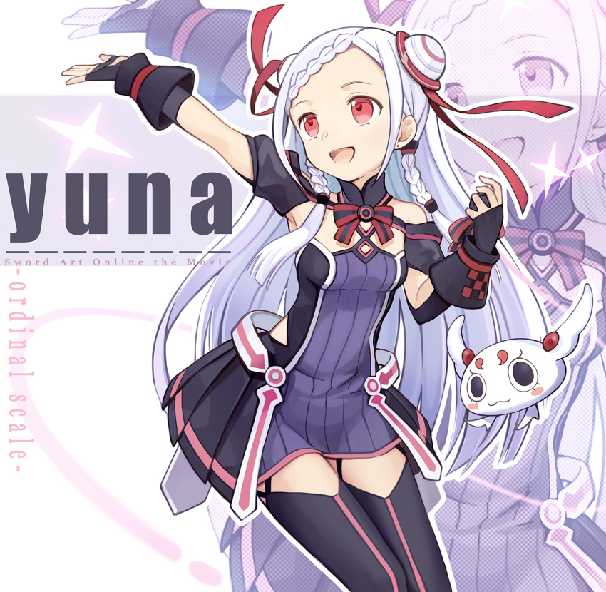 1girl :d arm_up black_gloves black_sleeves black_thighhighs bow bowtie braid braided_bangs breasts character_name copyright_name detached_sleeves dress female_focus fingerless_gloves floating_hair french_braid garter_straps gloves highres holding holding_microphone kari_kenji long_hair microphone open_mouth outstretched_arm overskirt parted_bangs purple_dress red_eyes short_dress short_sleeves silver_hair sleeveless sleeveless_dress small_breasts smile solo standing striped_bow striped_bowtie striped_clothes striped_neckwear sword_art_online thighhighs very_long_hair yuna_(sao)