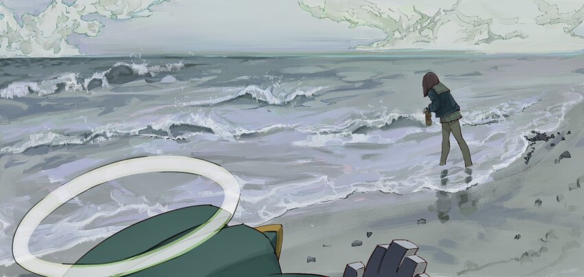 1girl beach canti cloud cloudy_sky flcl halo highres holding holding_shoes holding_unworn_clothes legs pink_punk_ponk red_hair robot rock sailor_collar samejima_mamimi sand shoes skirt sky traditional_halo unworn_shoes water