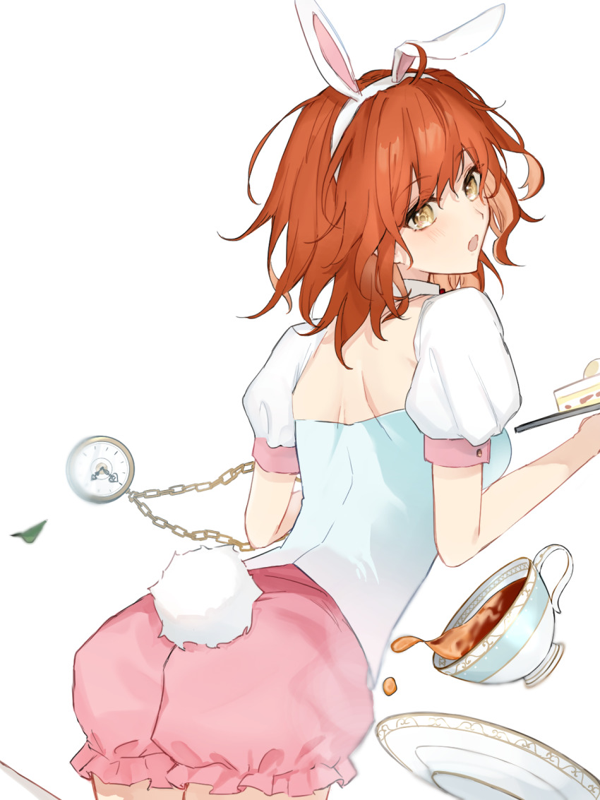 1girl ahoge animal_ears ass back blush breasts cake cup fake_animal_ears fate/grand_carnival fate/grand_order fate_(series) food fujimaru_ritsuka_(female) hair_ornament hair_scrunchie hairband highres looking_at_viewer looking_back medium_breasts official_alternate_costume one_side_up open_mouth orange_eyes orange_hair pink_shorts plate puffy_short_sleeves puffy_sleeves rabbit_ears rabbit_tail revision ringo_2000 saucer scrunchie shirt short_hair short_sleeves shorts solo tail tea teacup white_shirt