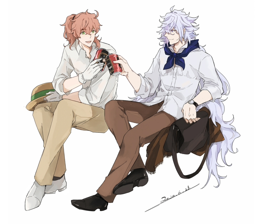 2boys :d bag black_bag black_footwear blue_neckerchief brown_hat brown_pants can casual collared_shirt dated fate/grand_order fate_(series) full_body gloves green_eyes hair_between_eyes hat highres holding holding_bag holding_can holding_unworn_clothes holding_unworn_hat invisible_chair loafers long_hair long_sleeves looking_at_another male_focus merlin_(fate) merlin_(under_the_same_sky)_(fate) multiple_boys neckerchief open_collar open_mouth orange_hair pants partially_unbuttoned ponytail purple_eyes purple_hair romani_archaman ruoyin shirt shoes simple_background sitting smile unworn_hat unworn_headwear very_long_hair watch white_background white_footwear white_gloves white_shirt wing_collar wristwatch