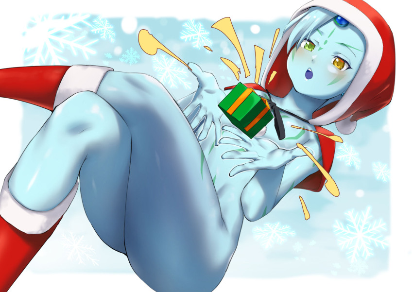 1boy 2020 ass astral_(yu-gi-oh!) blue_skin body_markings bodypaint christmas colored_skin crossed_legs gift green_eyes hay heterochromia highres kurage444 looking_down male_focus midair open_mouth sitting solo tagme trap yellow_eyes yu-gi-oh! yu-gi-oh!_zexal