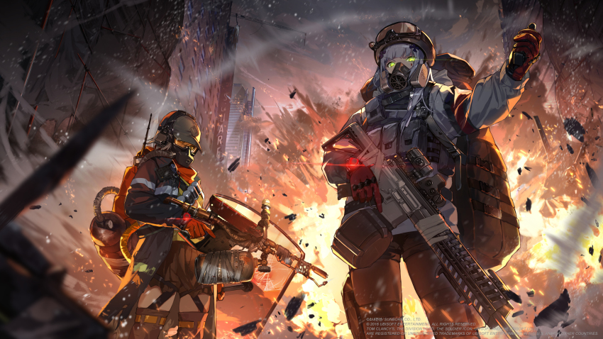 2girls absurdres artist_request assault_rifle backpack bag baseball_cap billboard black_skirt black_thighhighs building bulletproof_vest chinese_commentary city cityscape cleaners cloud cloudy_sky coat commentary_request controller cross_hair_ornament detonator drum_magazine eotech eotech_g33 explosion fire firefighter_jacket flamethrower gas_mask girls&#039;_frontline gloves glowing glowing_eyes goggles green_eyes grey_hair grey_sky gun h&amp;k_hk416 hair_ornament hat headphones helmet highres hk416_(fang)_(girls&#039;_frontline) hk416_(girls&#039;_frontline) holding holding_remote_control holding_shield holding_weapon holster hood hood_down hooded_jacket jacket kriss_vector last_man_battalion leather_strap light_brown_hair long_hair looking_at_viewer magazine_(weapon) mask medium_hair multiple_girls official_art official_wallpaper oxygen_mask oxygen_tank p416 personification pouch radio red_gloves reflector_sight reflex_sight remote_control respirator rifle riot_shield rogue_division_agent scenery scope shield short_shorts shorts sidelocks sight skirt sky skyscraper snow standing strap submachine_gun tactical_clothes thigh_holster thigh_pouch thighhighs tom_clancy&#039;s_the_division torn_clothes trigger_discipline tube vector_(girls&#039;_frontline) vector_(hellfire)_(girls&#039;_frontline) vest_pouch watch weapon white_jacket window winter yellow_eyes