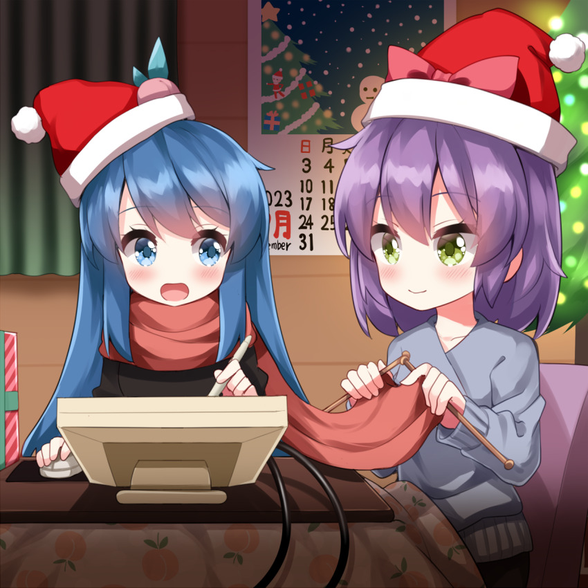 2girls alternate_eye_color blue_hair blue_sweater blush box calendar_(object) christmas christmas_tree closed_mouth commentary_request computer_mouse drawing_tablet gift gift_box green_eyes hat highres hinanawi_tenshi holding holding_computer_mouse holding_stylus knitting kotatsu long_hair long_sleeves multiple_girls nagae_iku open_mouth peach_hat_ornament purple_hair red_hat red_scarf ruu_(tksymkw) santa_hat scarf short_hair smile stylus sweater table touhou