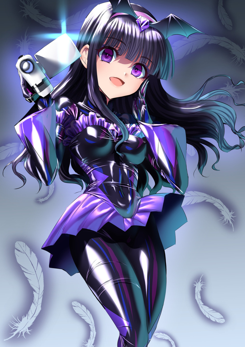 1girl bad_end_precure black_bodysuit bodysuit breasts camcorder cardcaptor_sakura corruption cosplay covered_erect_nipples daidouji_tomoyo dark_persona glowing highres impossible_bodysuit impossible_clothes latex latex_bodysuit looking_at_viewer magical_girl md5_mismatch medium_breasts open_mouth precure purple_eyes resolution_mismatch sen_(sansui) shiny_clothes shiny_skin short_hair skin_tight smile smile_precure! solo source_smaller standing tiara video_camera