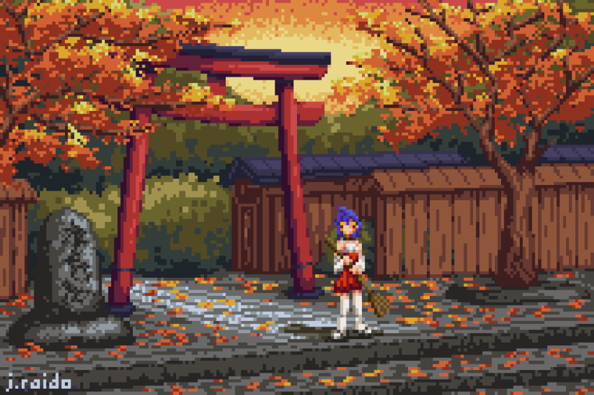 1girl animated animated_gif artist_name autumn autumn_leaves blue_hair j.raido japanese_clothes leaf outdoors pixel_art red_eyes red_skirt scenery short_hair shrine skirt solo standing torii tree wide_shot