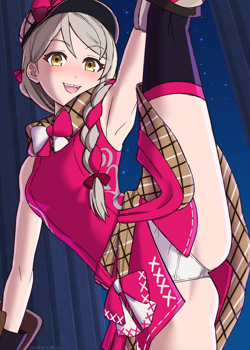 1girl absurdres blonde_hair bow bowtie braid breasts brown_scarf fire_emblem fire_emblem_engage framme_(fire_emblem) hat highres long_hair looking_at_viewer multicolored_hair naaru nintendo open_mouth panties pink_bow pink_bowtie pink_hair plaid_clothes plaid_headwear plaid_scarf scarf single_braid small_breasts smile solo split standing standing_on_one_leg standing_split two-tone_bow two-tone_bowtie two-tone_hair underwear white_bow white_bowtie white_panties wrist_guards yellow_eyes