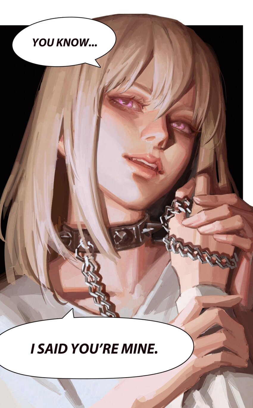 2girls aunt_and_niece bang_dream! bang_dream!_it&#039;s_mygo!!!!! black_background blonde_hair collar commentary english_commentary highres indoors medium_hair migaloo misumi_uika multiple_girls open_mouth purple_eyes shirt sidelocks speech_bubble spiked_collar spikes spoilers teeth togawa_sakiko upper_teeth_only white_shirt yuri
