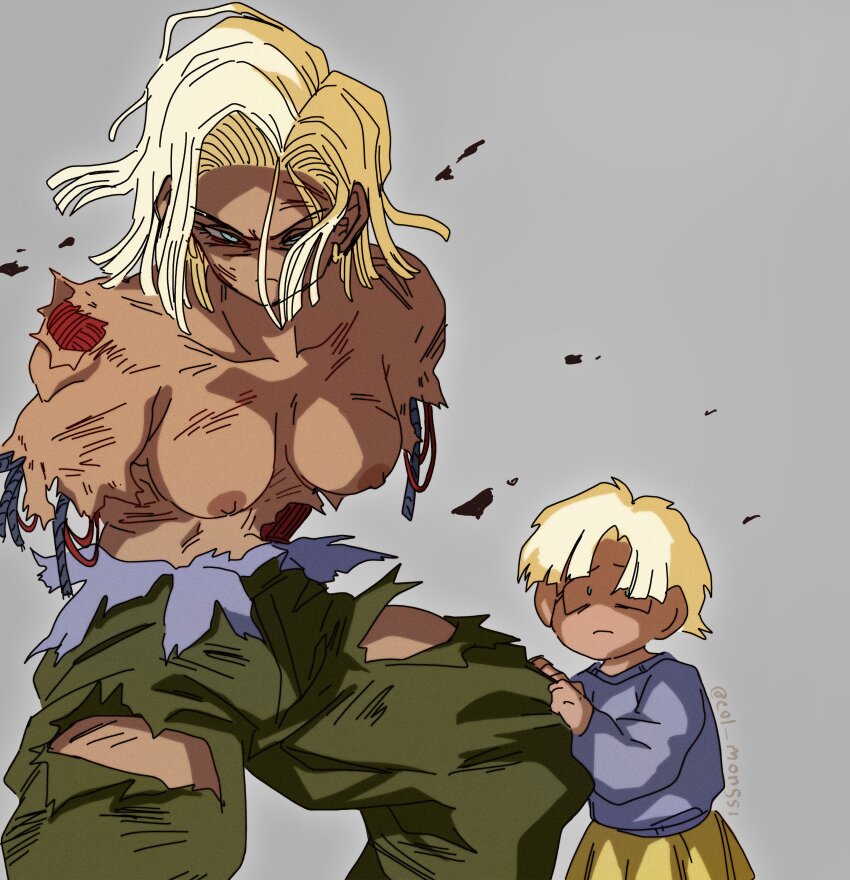 2girls absurdres alternate_skin_color amputee android android_18 angry armless_amputee blonde_hair blue_pupils breasts cal_monssi child collarbone debris dragon_ball dragonball_z earrings fighting_stance flesh floating_hair green_pants highres holding_another&#039;s_leg injury jewelry looking_at_viewer marron_(dragon_ball) mother_and_daughter multiple_girls nipples pants purple_sweater scared short_hair skirt sweater tan topless_female torn_clothes twitter_username wire yellow_skirt