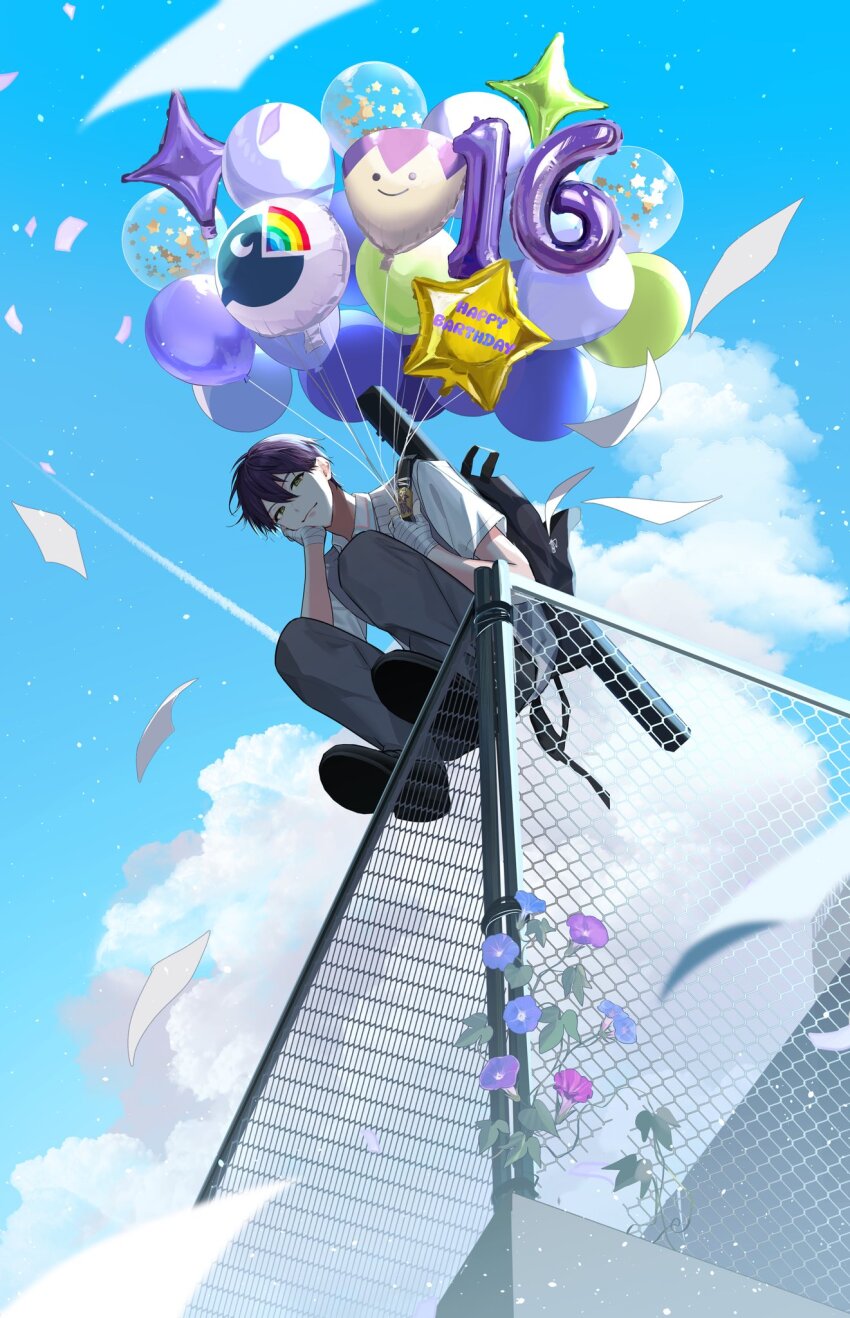 1boy backpack bag balloon bandaged_hand bandages black_bag black_shoes blue_flower blue_sky closed_mouth cloud collared_shirt commentary_request contrail cumulonimbus_cloud day falling_paper flower from_below green_eyes grey_pants grey_sweater_vest hair_between_eyes head_rest highres kenmochi_touya kenmochi_touya_(1st_costume) looking_at_viewer looking_down male_focus morning_glory nijisanji number_balloon omamori outdoors pants paper plant purple_flower purple_hair saw_(dtn_error) school_uniform shirt shoes short_hair short_sleeves sky smile solo squatting star_balloon sweater_vest vines virtual_youtuber weapon_bag white_shirt wing_collar