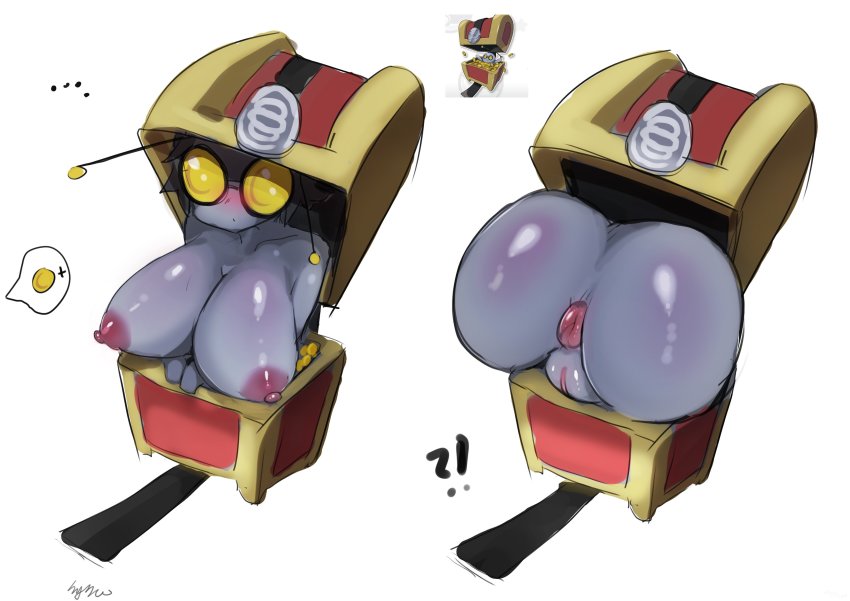 !? ... 1girl absurdres antennae anus artist_name ass black-framed_eyewear black_hair blush breasts coin collarbone colored_skin completely_nude female_focus from_behind gimmighoul gimmighoul_(chest) glasses grey_skin highres in_container large_breasts my700 nintendo nipples nose_blush nude personification pokemon pokemon_(creature) presenting prostitution pussy reference_inset shiny_skin short_hair signature simple_background sketch solo speech_bubble spoken_object tinted_eyewear treasure_chest uncensored white_background yellow-tinted_eyewear