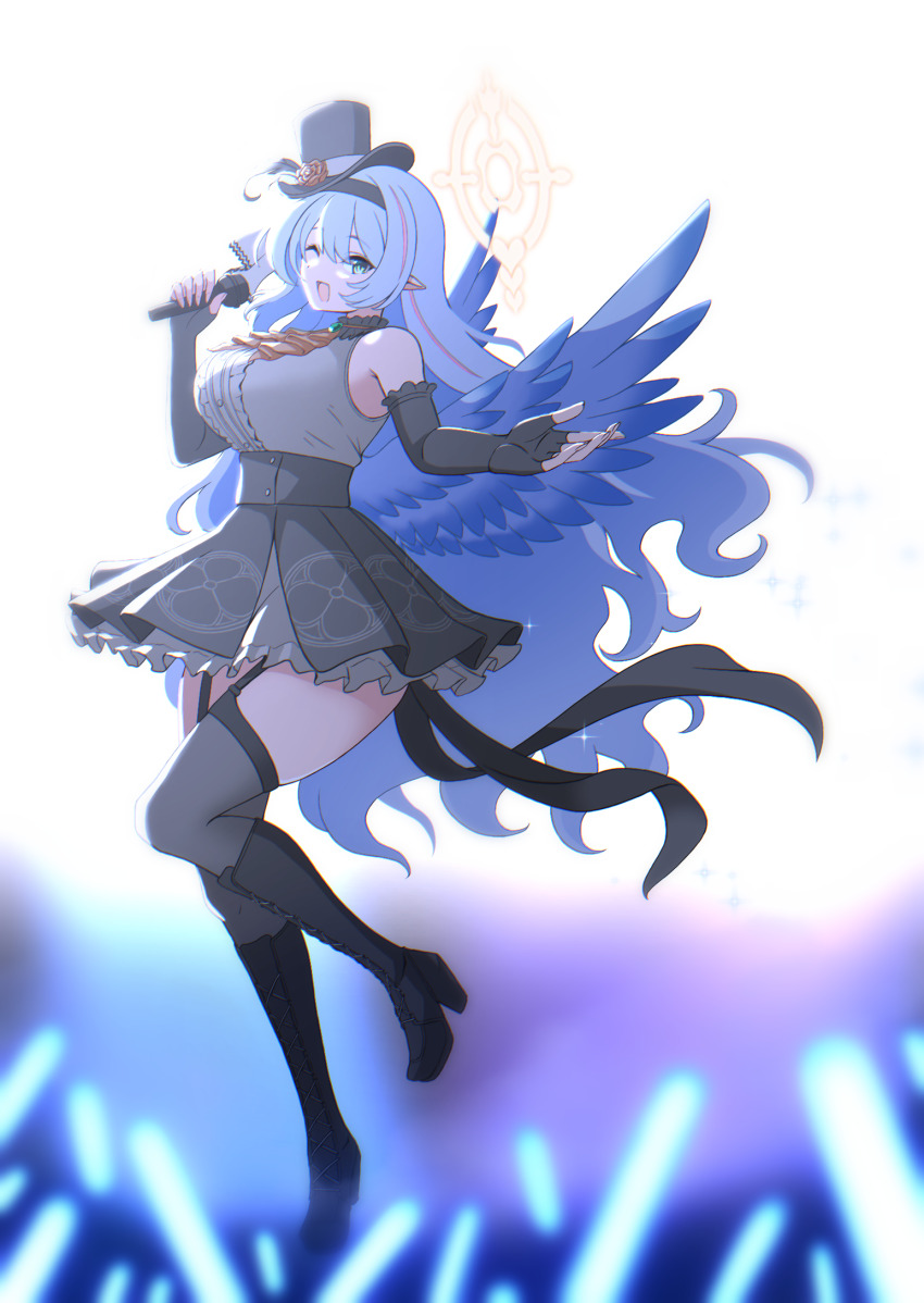 1girl black_dress black_gloves black_hat black_headband black_thighhighs blue_archive blue_hair blue_wings boots breasts dress elbow_gloves feathered_wings fingerless_gloves flower_hat gloves halo hat headband high_heel_boots high_heels highres holding holding_microphone idol_clothes large_breasts long_hair low_wings microphone mine_(blue_archive) mine_(idol)_(blue_archive) mini_hat mini_top_hat multicolored_hair official_alternate_costume one_eye_closed pink_streaks pointy_ears solo streaked_hair suke_(share_koube) thighhighs top_hat very_long_hair wings yellow_halo