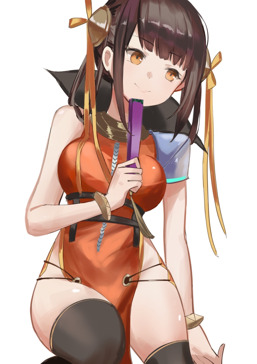 1girl absurdres black_hair breasts chest_harness china_dress chinese_clothes dress folding_fan hair_ribbon hand_fan harness heaven_burns_red highres holding kr_woyue large_breasts li_yingxia long_hair red_dress ribbon solo thighhighs yellow_ribbon