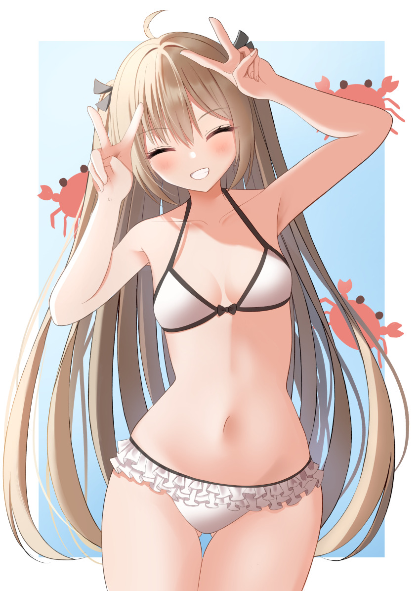 1girl :d ^_^ absurdres ahoge armpits atri atri-my_dear_moments- bare_arms bare_shoulders bikini black_bow black_ribbon blue_background blush border bow bow_bikini breasts breasts_apart closed_eyes collarbone commentary cowboy_shot crab double_v eyelashes facing_viewer fingernails frilled_bikini frills gluteal_fold grin hair_between_eyes hair_ribbon halterneck hands_up happy highres light_brown_hair long_hair navel open_mouth outside_border ribbon sidelighting simple_background small_breasts smile solo straight_hair swimsuit takagi-18102817 thigh_gap two_side_up v v_over_head very_long_hair white_bikini white_border