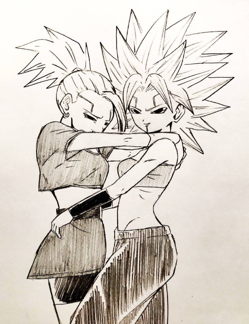 2girls absurdres alternate_hair_color bound bound_wrists breasts caulifla damage defeat dragon_ball dragon_ball_heroes dragon_ball_super highres hug kakoi_66 kale_(dragon_ball) kamin_(dragon_ball) large_breasts lying multiple_girls on_back one_eye_closed oren_(dragon_ball) possessed possession smile tongue tongue_out