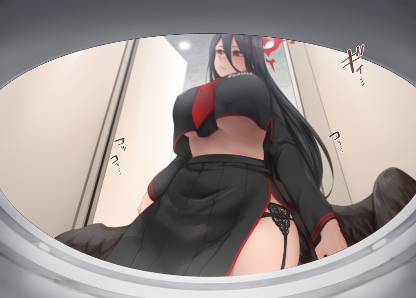 1girl black_hair blue_archive breasts feathered_wings female_focus from_below from_inside garter_belt hasumi_(blue_archive) red_eyes solo standing toilet toilet_stall toritora underboob wings