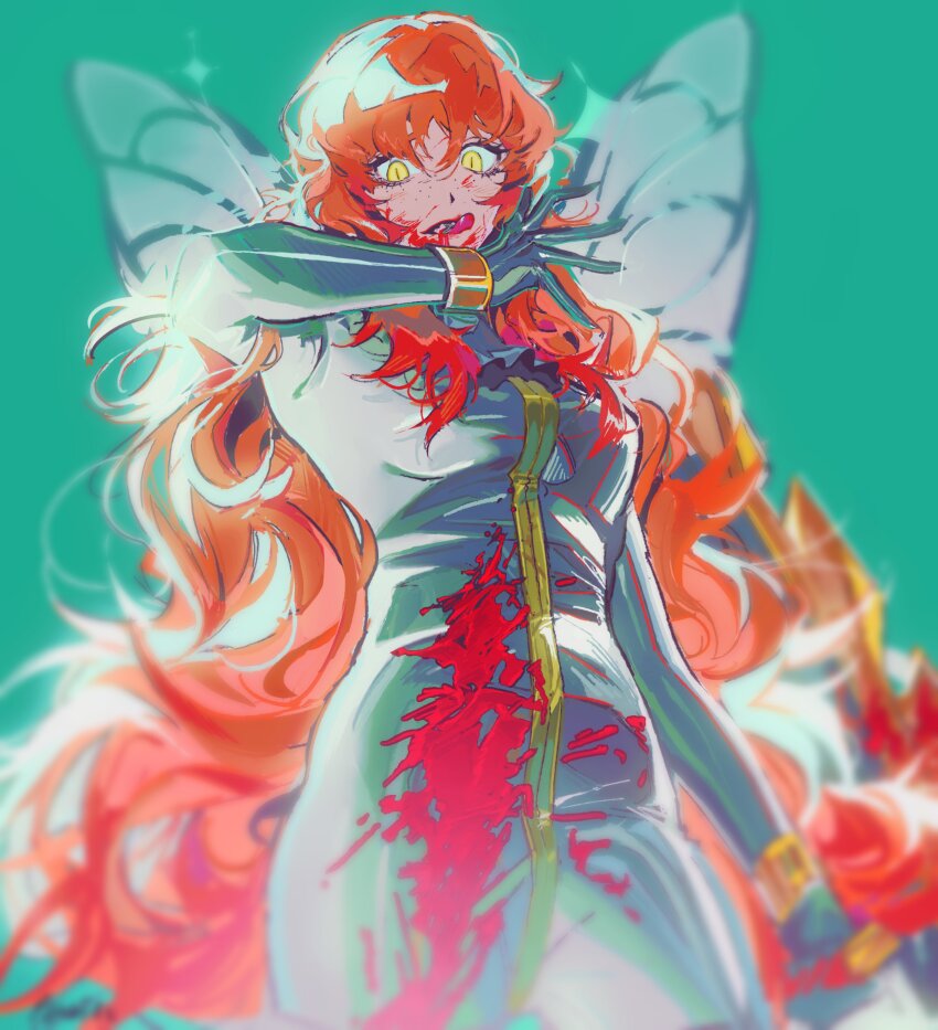 1girl absurdres aqua_background aqua_wings arm_up ascot black_ascot blood blood_in_hair blood_on_clothes blood_on_face bodysuit bracelet cowboy_shot e.g.o_(project_moon) fairy_wings gloves green_bodysuit green_gloves highres ishmael_(project_moon) jewelry licking_lips limbus_company long_hair looking_at_viewer messy_hair orange_hair patchfire project_moon sidelocks simple_background slit_pupils solo tongue tongue_out very_long_hair wingbeat_(e.g.o) wings yellow_eyes