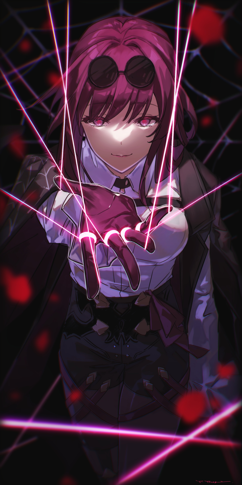 1girl absurdres black_jacket black_shorts breasts collared_shirt commentary_request cowboy_shot dated_commentary eyewear_on_head glasses gloves hair_intakes hand_up high-waist_shorts highres honkai:_star_rail honkai_(series) jacket kafka_(honkai:_star_rail) large_breasts long_hair open_clothes open_jacket pantyhose pantyhose_under_shorts pince-nez purple_eyes purple_gloves purple_hair purple_pantyhose round_eyewear shirt shorts smile solo spider_web_print standing string sunglasses white_shirt yama_ta_yomogi