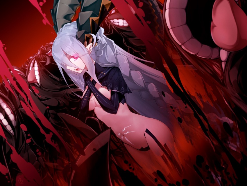 1girl aqua_hair black_gloves braid breasts chain curled_horns elbow_gloves fate/grand_order fate_(series) gloves glowing glowing_eyes hair_between_eyes highres horns lahmu_(fate) large_breasts long_hair long_horns looking_at_viewer navel open_mouth pink_eyes pointy_ears shrug_(clothing) stomach_tattoo striped_clothes striped_gloves symbol-shaped_pupils tattoo teeth tiamat_(fate) tiamat_(femme_fatale)_(fate) tongue twin_braids vertical-striped_clothes vertical-striped_gloves very_long_hair yubeshi_(zecxl)