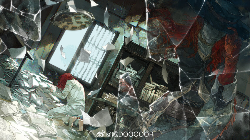 1boy aleph_(reverse:1999) barefoot barred_window book book_stack bookshelf broken_glass dutch_angle flying_paper from_side glass glass_shards highres indoors kneeling long_hair male_focus pants paper red_hair reflection reverse:1999 shirt surgical_light too_many too_many_books too_many_papers watermark weibo_watermark white_pants white_shirt wide_shot window xiandao1213