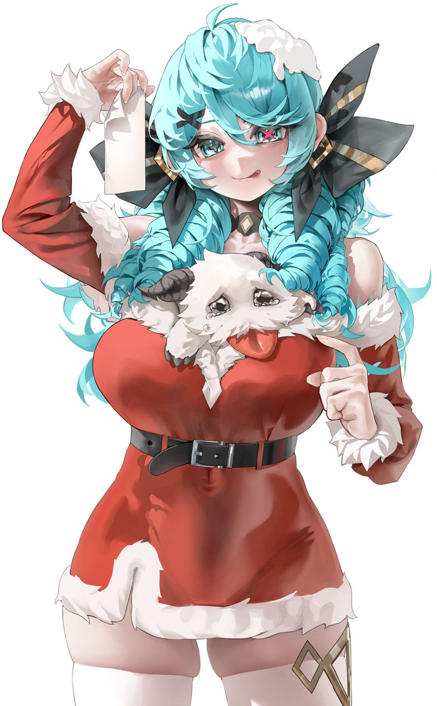 1girl blue_eyes blue_hair choker christmas drill_hair gwen_(league_of_legends) hair_ornament highres league_of_legends looking_at_viewer poro_(league_of_legends) santa_costume simple_background symbol-shaped_pupils thick_thighs thighhighs thighs tongue tongue_out twin_drills twintails white_background white_thighhighs yonchan zettai_ryouiki