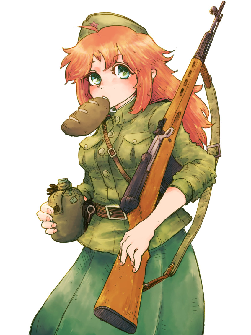 1girl absurdres ahoge aqua_eyes belt bread breasts brown_belt commentary_request cowboy_shot doe774 dress food food_in_mouth garrison_cap green_dress green_jacket green_pupils green_shirt gun gun_sling hammer_and_sickle hat highres holding holding_canteen holding_gun holding_weapon jacket loaf_of_bread long_hair looking_at_viewer medium_breasts military_fatigues military_jacket military_uniform mouth_hold original red_hair red_star rifle shirt simple_background sleeves_pushed_up soldier solo soviet soviet_army star_(symbol) weapon white_background