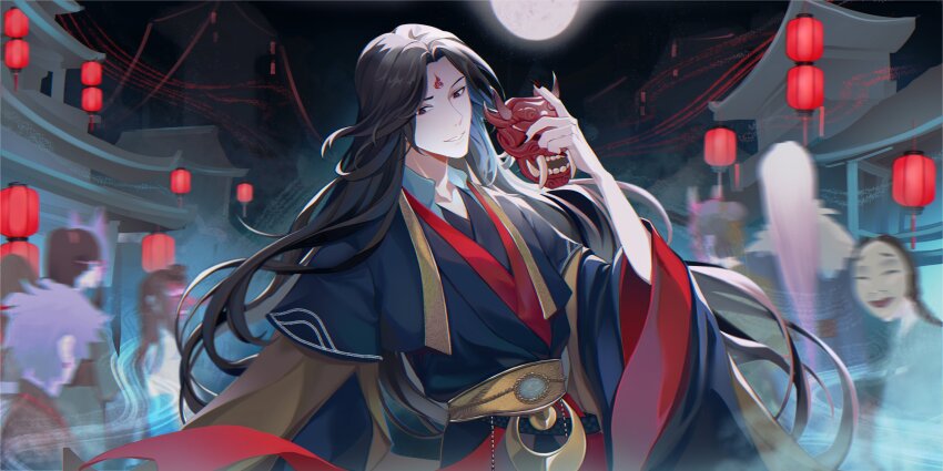 1boy absurdres architecture black_hair black_hanfu black_nails blurry blurry_background building chinese_clothes cowboy_shot crowd east_asian_architecture fingernails full_moon hanfu hanging_lantern highres holding holding_mask horns lantern long_fingernails long_hair long_sleeves looking_at_viewer luo_binghe male_focus mask moon red_eyes renzha_fanpai_zijiu_xitong sash smile w0ktiw0 wide_sleeves zuiyin